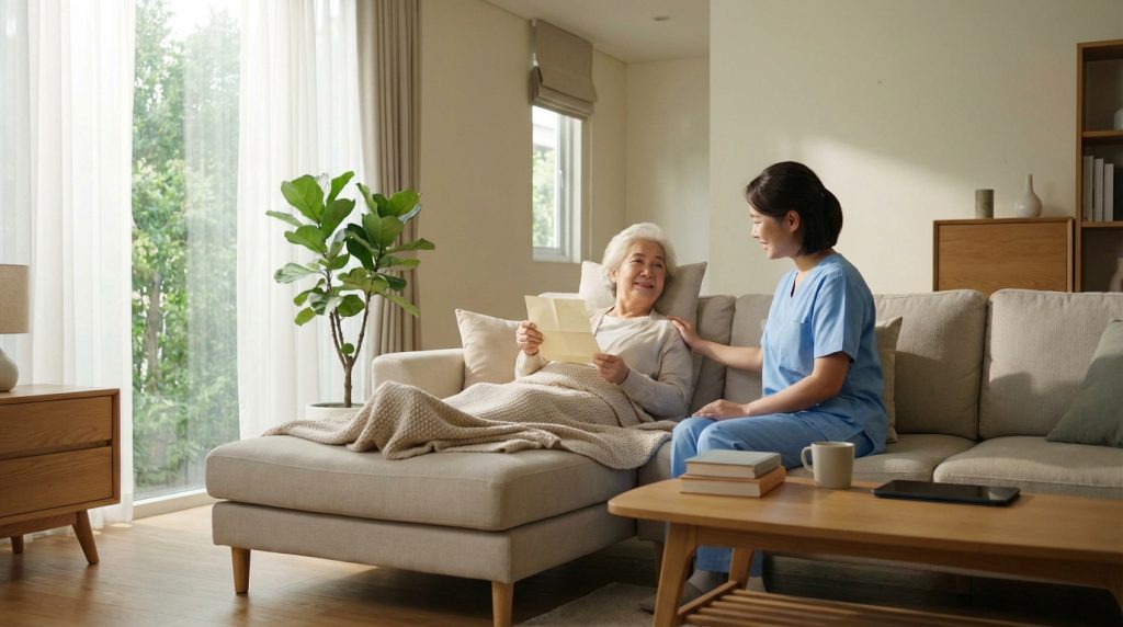 Une femme âgée souriante sur un canapé lit des papiers, réconfortée par une aidante professionnelle en tenue bleue dans un salon lumineux.