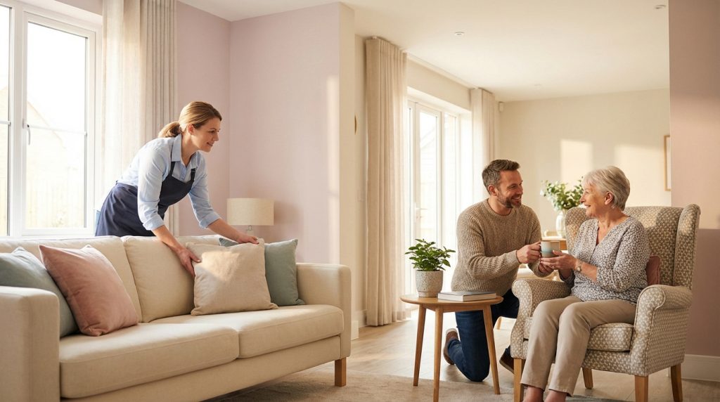 Une femme rangeant un canapé, un homme offrant une tasse à une aînée. Scène d'aide ménagère et de soutien à domicile.