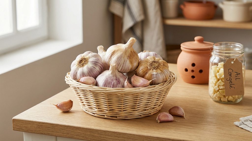 Un panier d'ail frais, un pot à ail en terre cuite et un bocal d'ail congelé sur un comptoir de cuisine en bois clair.