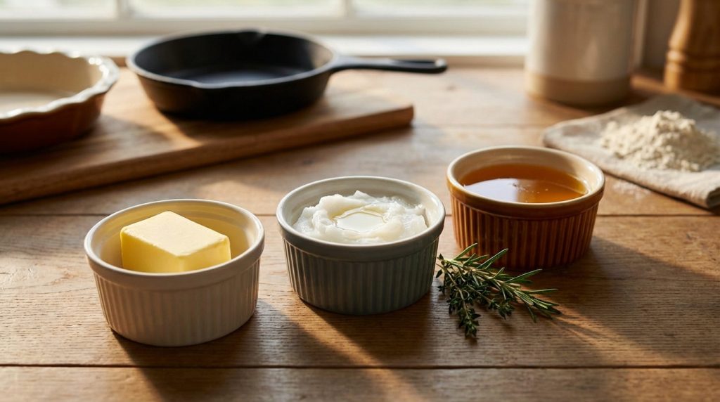 Trois ramequins sur table en bois avec beurre, graisse blanche et huile. Casserole, plat et farine en arrière-plan flou.