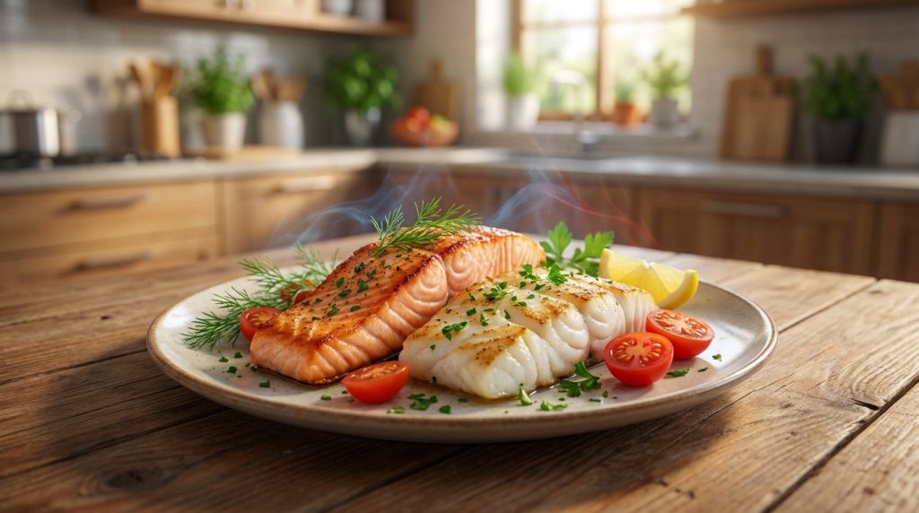 Deux filets de poisson cuits (saumon, poisson blanc) avec herbes, tomates cerises et citron, sur une assiette en bois dans une cuisine.