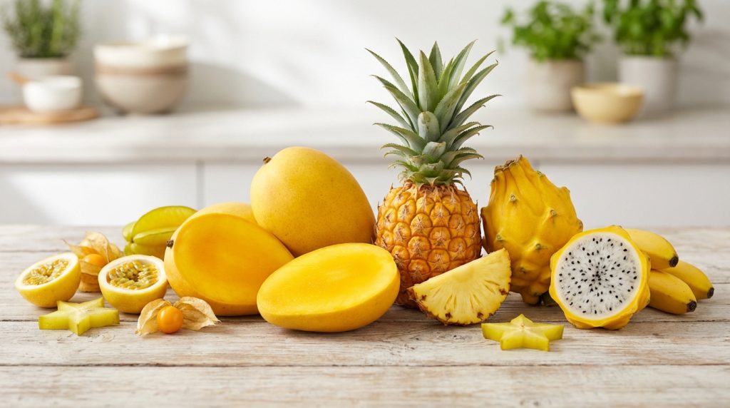 Assortiment de fruits exotiques jaunes et coupés sur table en bois : mangues, ananas, fruit du dragon, passion, caramboles et physalis.
