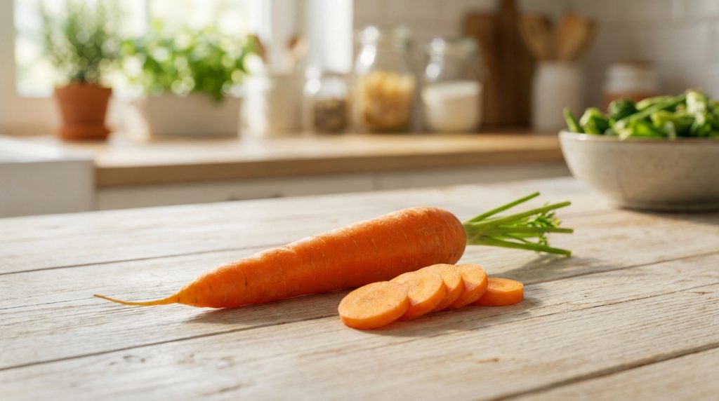 Une carotte entière et ses rondelles posées sur une table en bois clair. Arrière-plan flou d'une cuisine lumineuse avec des plantes et un bol de légumes.
