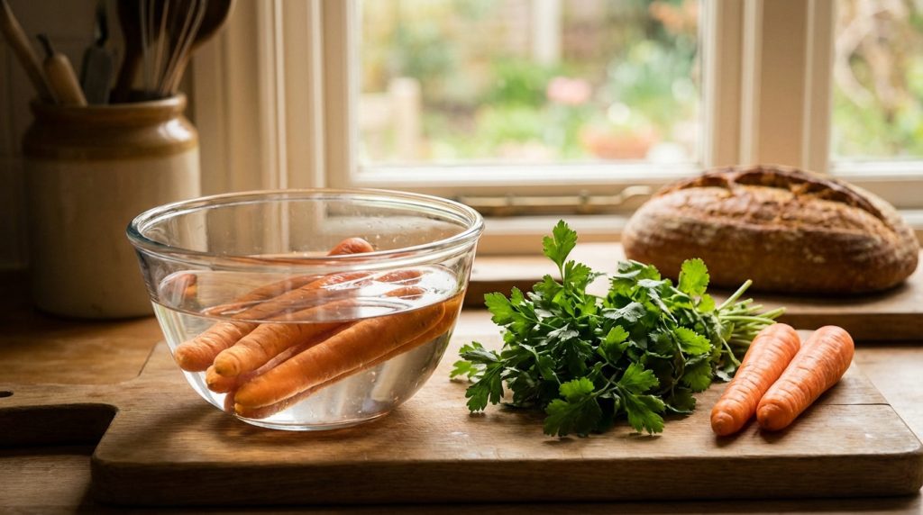 Carottes molles dans un bol d'eau pour les réhydrater, avec du persil frais et deux carottes, sur une planche de cuisine.