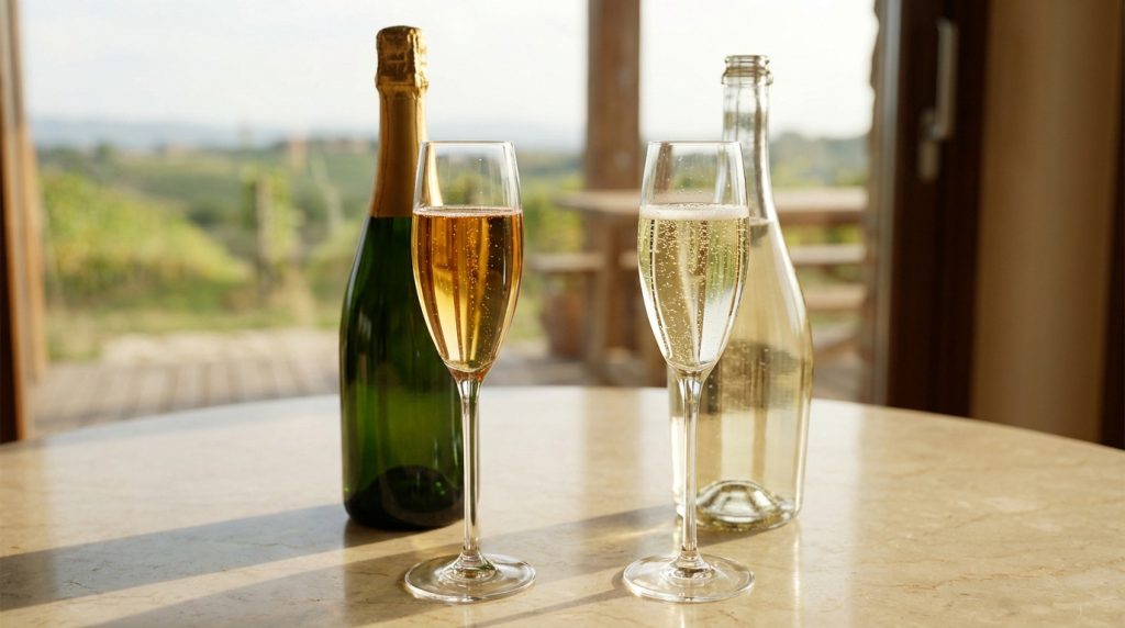 Deux flûtes de vin mousseux (Prosecco, Champagne) avec leurs bouteilles sur une table, fond de vignoble flou.