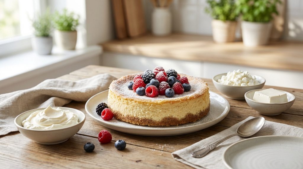 Un cheesecake aux fruits rouges poudré, entouré de crème, de fromage cottage et d'un bloc de fromage frais sur une table en bois.