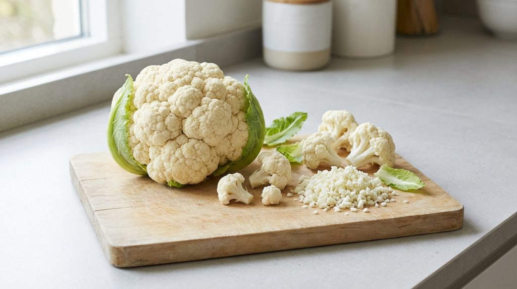 Un chou-fleur entier, ses fleurons coupés et du chou-fleur haché sur une planche en bois dans une cuisine lumineuse.