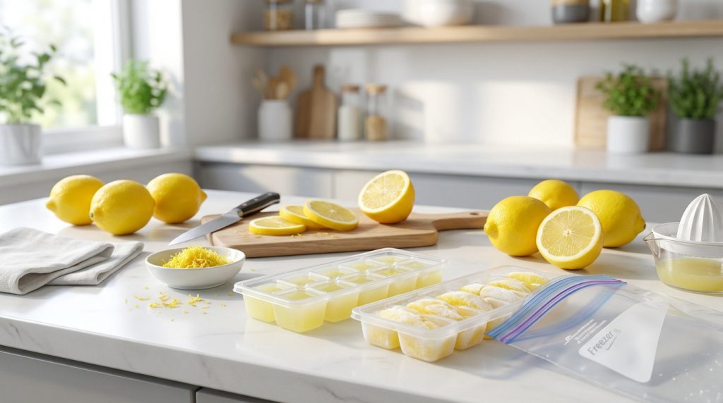 Sur un comptoir de cuisine, des citrons frais sont préparés pour la congélation: tranches, jus en glaçons, zestes et sacs congélation.