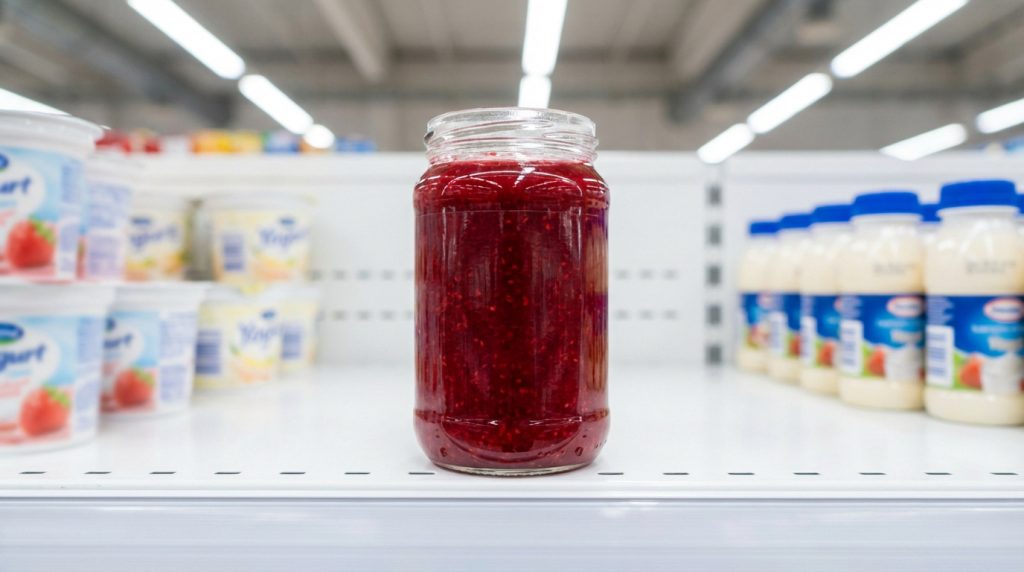 Pot de coulis de framboise sur une étagère de supermarché. Des produits laitiers (yaourts, boissons) sont visibles en arrière-plan.