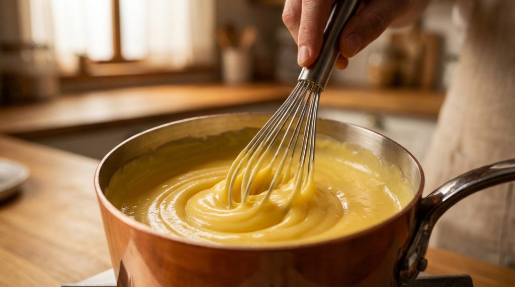 Main fouettant une crème pâtissière jaune pâle dans une casserole en cuivre sur une plaque de cuisson dans une cuisine lumineuse.