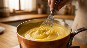 Main fouettant une crème pâtissière jaune pâle dans une casserole en cuivre sur une plaque de cuisson dans une cuisine lumineuse.