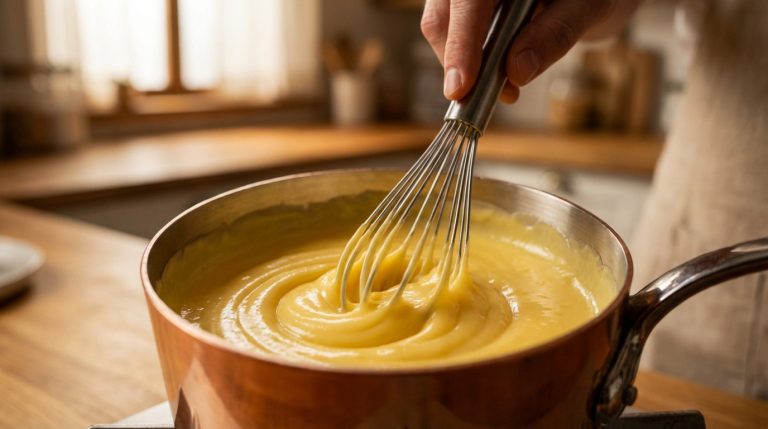 Main fouettant une crème pâtissière jaune pâle dans une casserole en cuivre sur une plaque de cuisson dans une cuisine lumineuse.