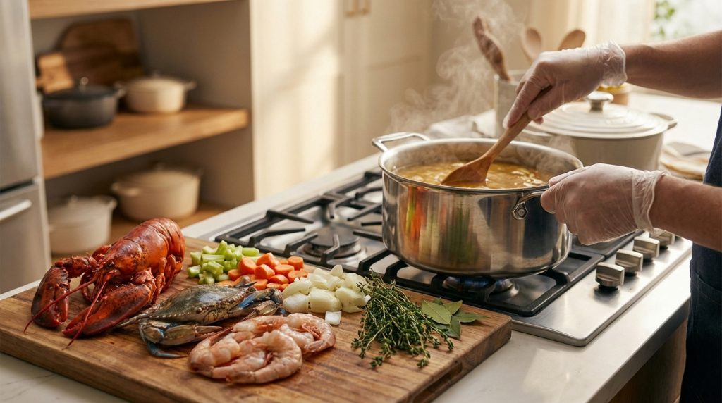 Une personne aux gants de protection remue une marmite fumante sur une cuisinière, avec des crustacés et légumes frais sur une planche.
