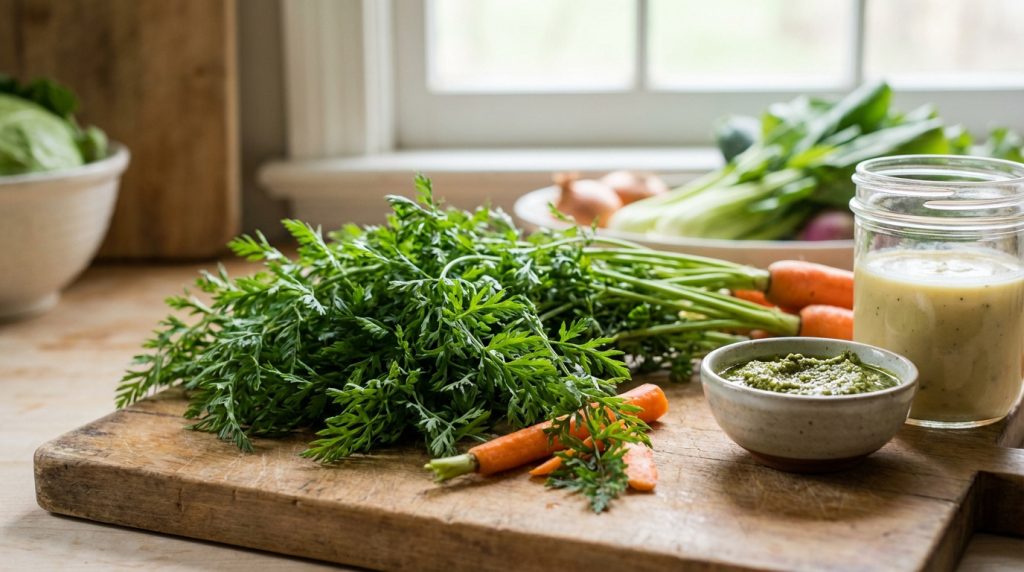 Des fanes de carottes fraîches sur une planche à découper, avec du pesto et une sauce en pot. Cuisine anti-gaspi.