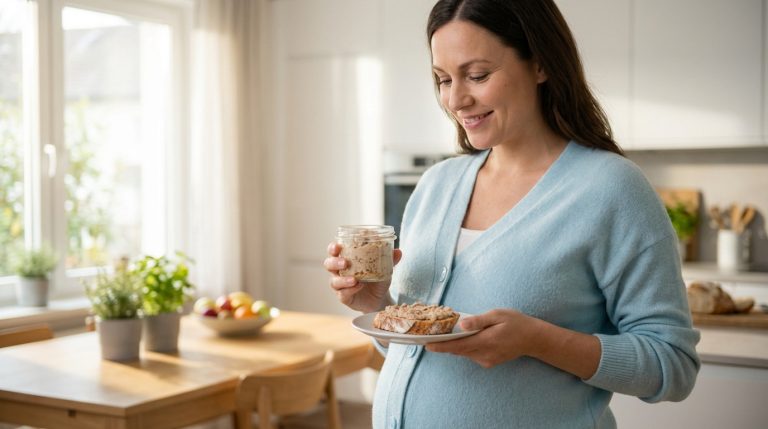 Femme enceinte souriante en cuisine, tenant un pot de rillette de poulet et une tartine, sur fond de fenêtre lumineuse.