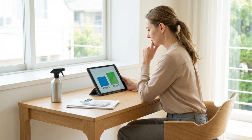 Femme réfléchie devant une tablette affichant un graphique comparatif d'options, sur un bureau avec un vaporisateur.
