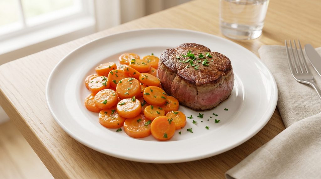 Un filet de bœuf grillé, rosé au centre, avec des carottes Vichy rondes et du persil haché sur une assiette blanche, posée sur une table en bois.