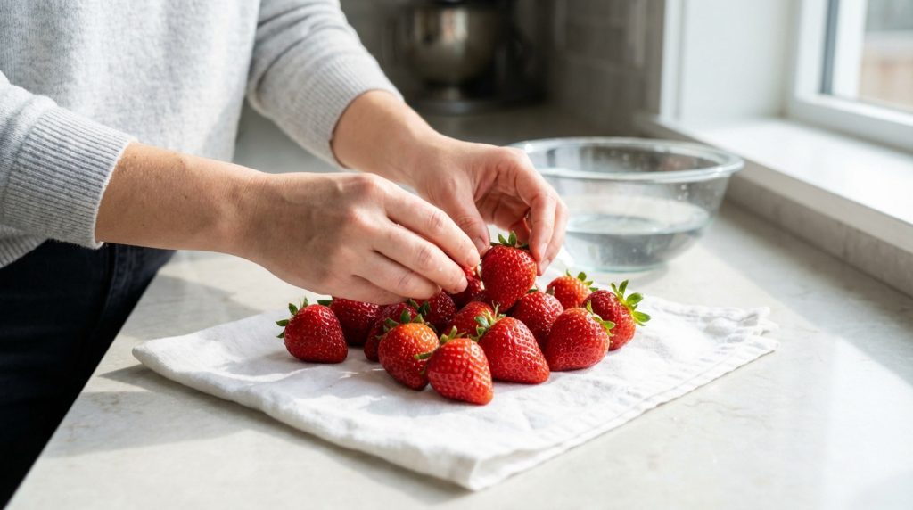 Une personne trie et dispose des fraises rouges fraîches sur un torchon blanc, près d'un bol d'eau, sur un comptoir de cuisine.