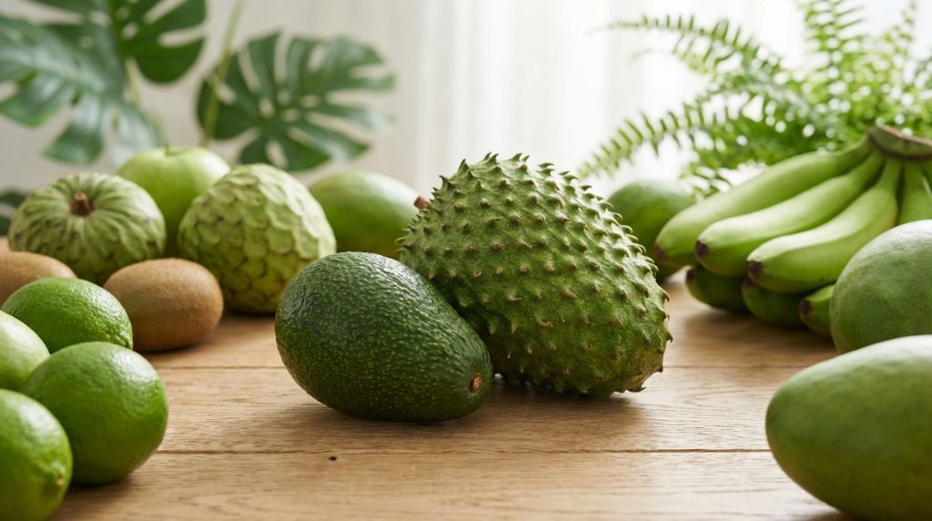 Gros plan sur une sélection de fruits exotiques verts : corossol, avocats, citrons verts, cherimoya, bananes vertes et kiwis sur une table en bois.