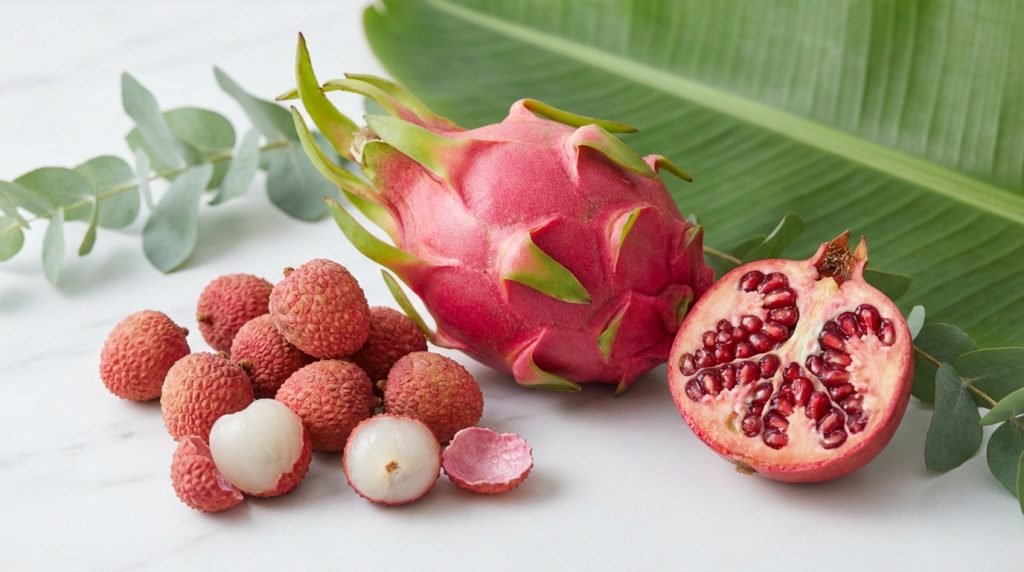 Composition de fruits rouges exotiques: pitaya, grenade coupée et litchis sur marbre blanc avec feuilles tropicales.