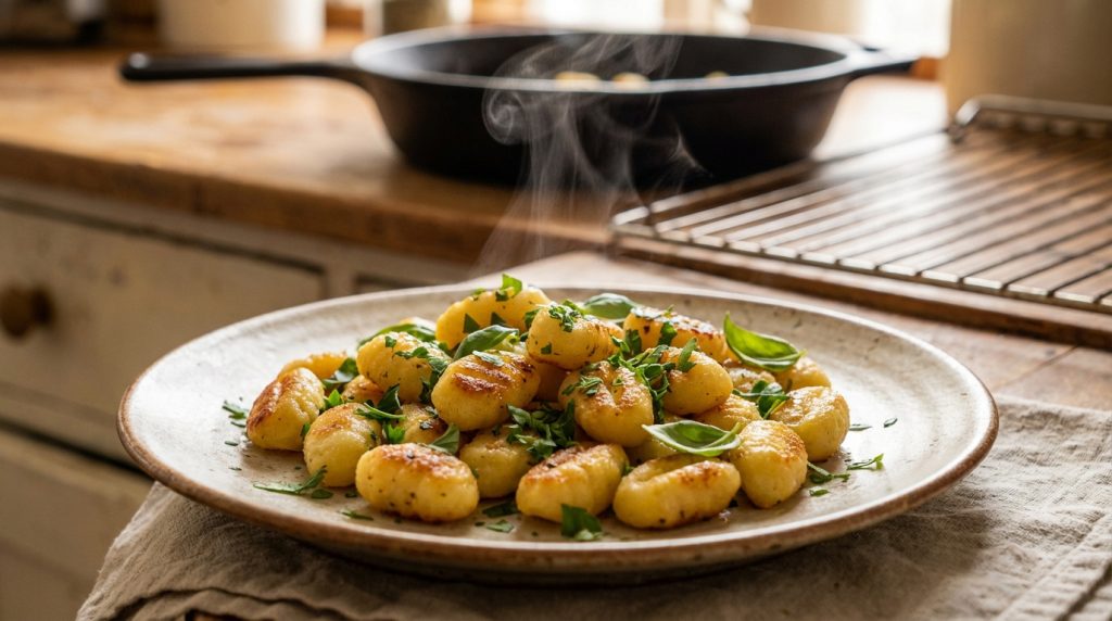 Assiette de gnocchis poêlés et fumants, garnis d'herbes, avec une poêle en fonte en arrière-plan dans une cuisine.
