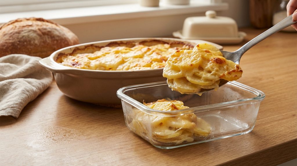 Une personne met du gratin dauphinois doré dans un récipient en verre. Un plat de gratin et du pain sont visibles sur un comptoir en bois.