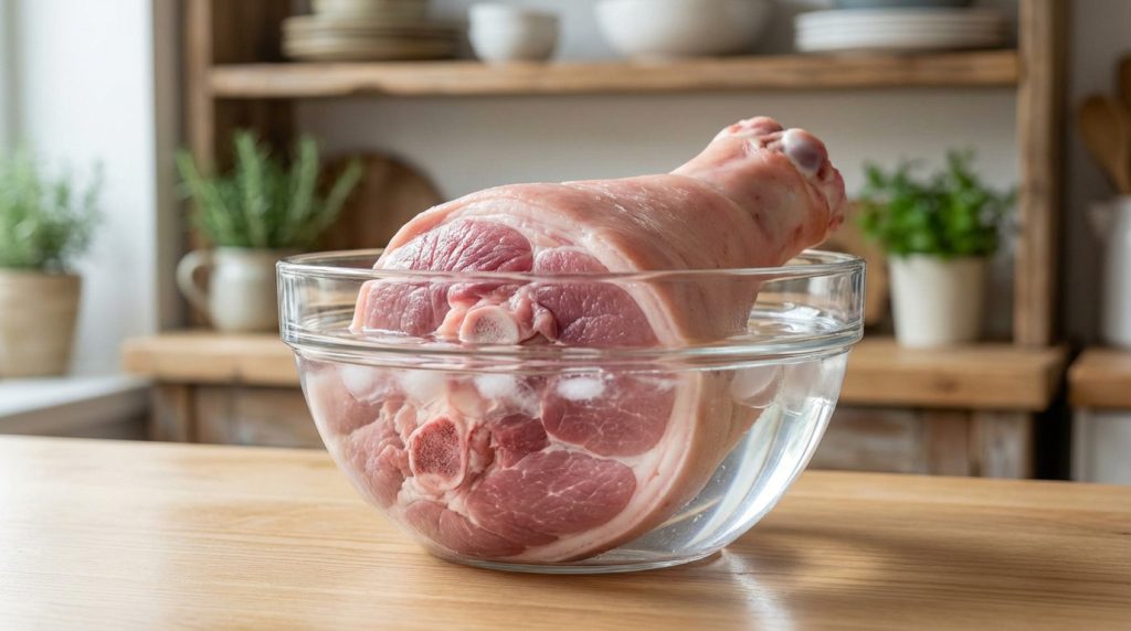 Un jarret de porc demi-sel en train de dessaler dans un bol d'eau claire sur un comptoir en bois.