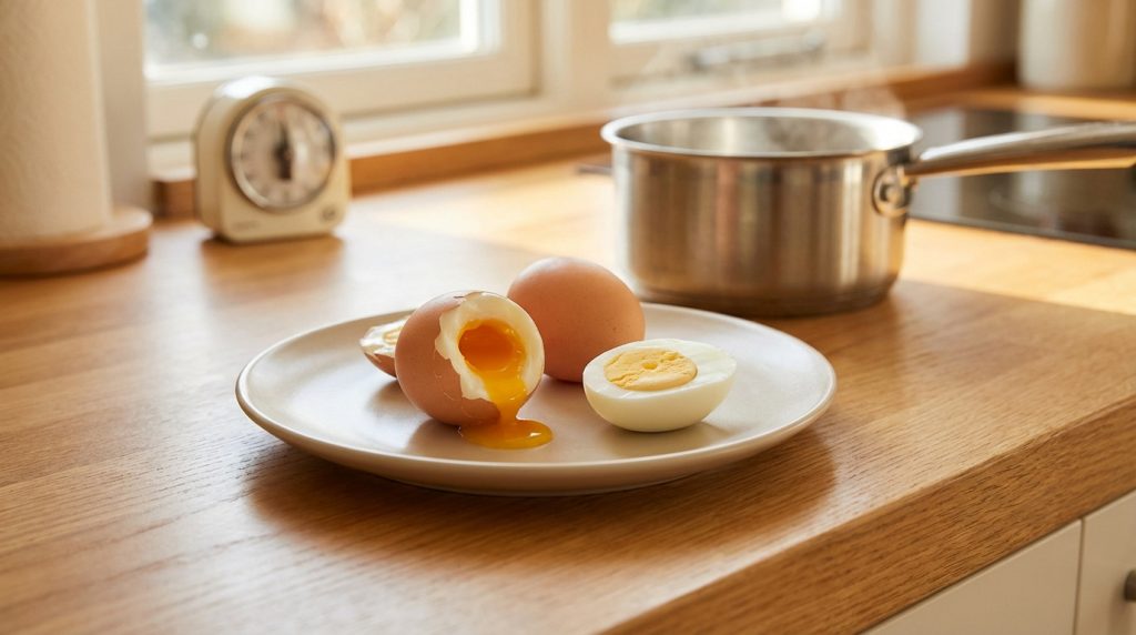 Assiette avec un œuf mollet au jaune coulant, un œuf dur coupé, un œuf entier. Casserole fumante et minuteur sur comptoir en bois.
