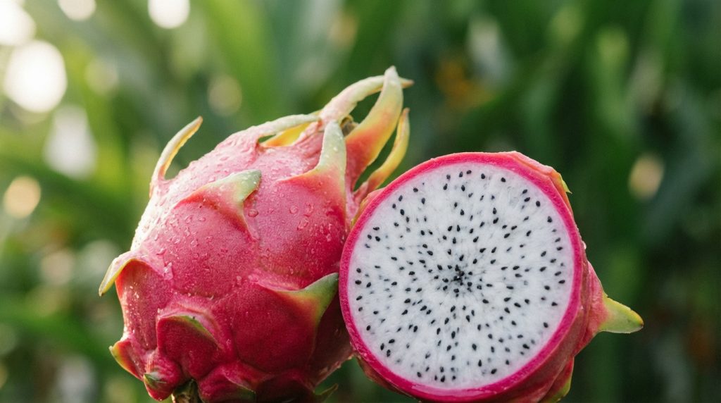 Un pitaya entier et un autre coupé en deux, révélant la chair blanche parsemée de graines noires, sur fond végétal flou.