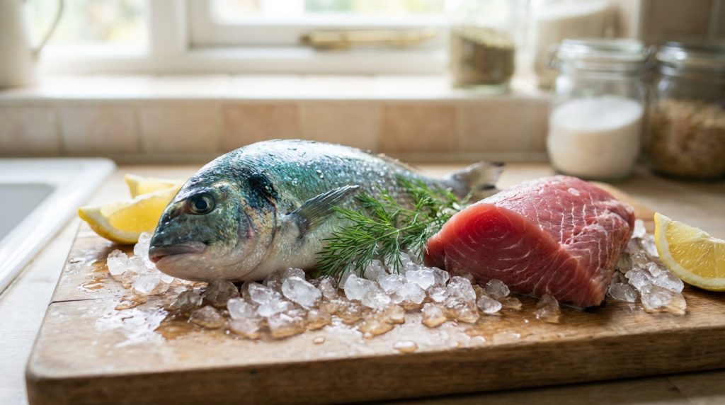 Poisson entier (dorade) et pavé de thon frais sur glace, garnis de citron et aneth, sur une planche de cuisine en bois.