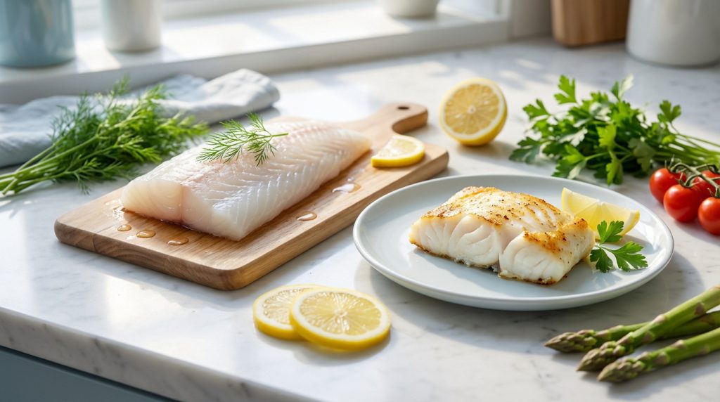 Filet de poisson blanc cru et cuit, citron, aneth, persil, tomates et asperges sur un comptoir de cuisine clair.
