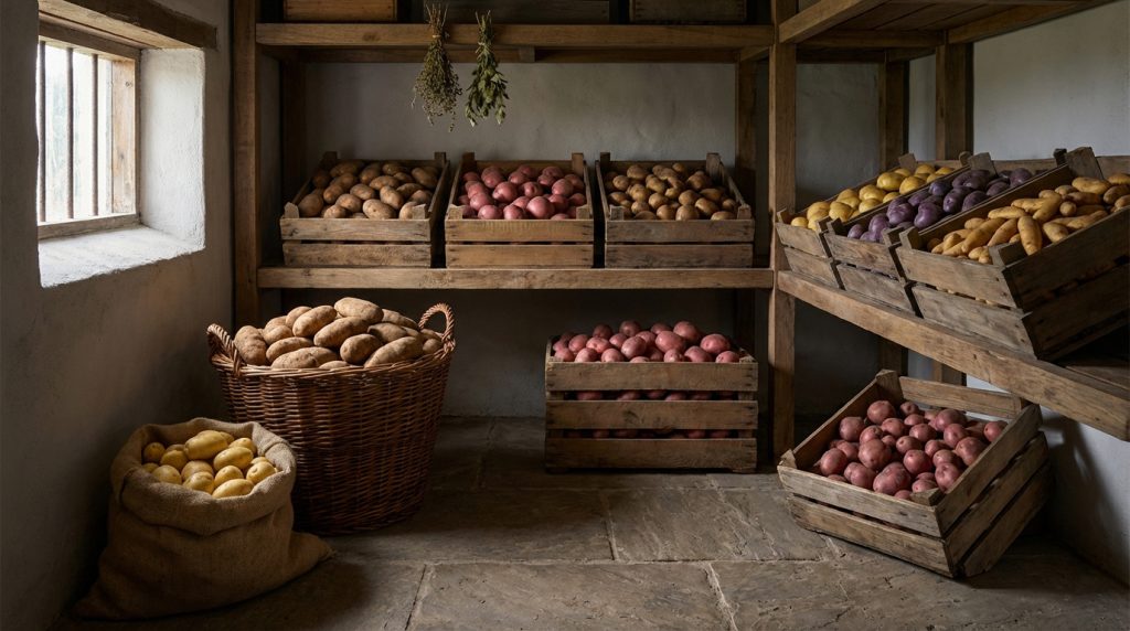 Variétés de pommes de terre stockées dans un cellier : rouges, jaunes, violettes, dans caisses, panier et sac.
