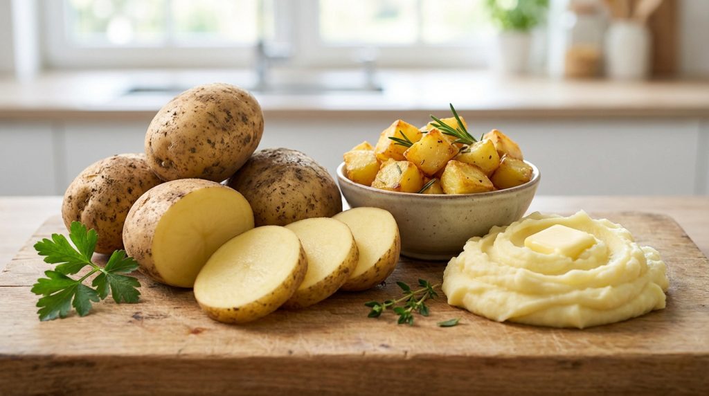 Illustration complète de la pomme de terre: crues, coupées, rôties au romarin et en purée beurrée sur planche en bois.
