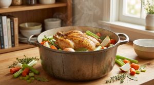 Poulet entier doré avec carottes, céleri, oignons et herbes dans un faitout en fonte fumant sur un comptoir de cuisine en bois.