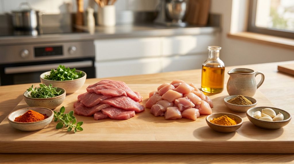 Viandes de bœuf et poulet, épices, herbes, ail, huile sur planche en bois pour kebab. Cuisine moderne lumineuse.