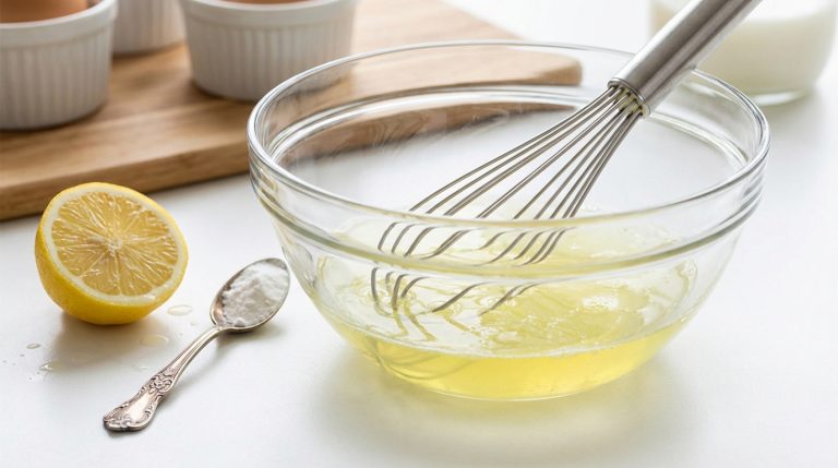 Un bol en verre contient des blancs d'œufs liquides avec un fouet. À côté, un demi-citron et une cuillère de poudre blanche.
