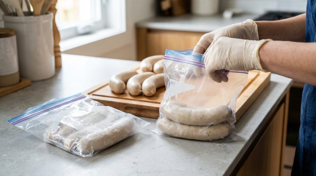 Des mains gantées emballent du boudin blanc dans des sacs de congélation transparents sur un comptoir de cuisine en pierre.