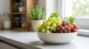 Un bol blanc rempli de grappes de raisins verts et rouges, avec des gouttes d'eau, posé sur un comptoir de cuisine moderne près d'une fenêtre.