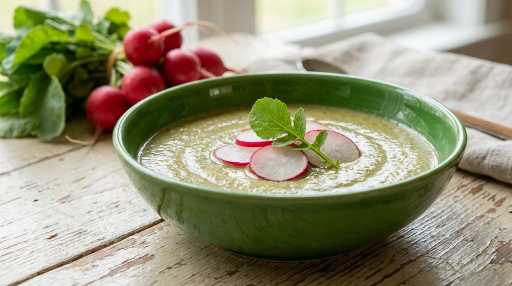 Bol de velouté vert clair, garni de fines tranches de radis et d'une feuille, sur une table en bois. Radis frais en arrière-plan.