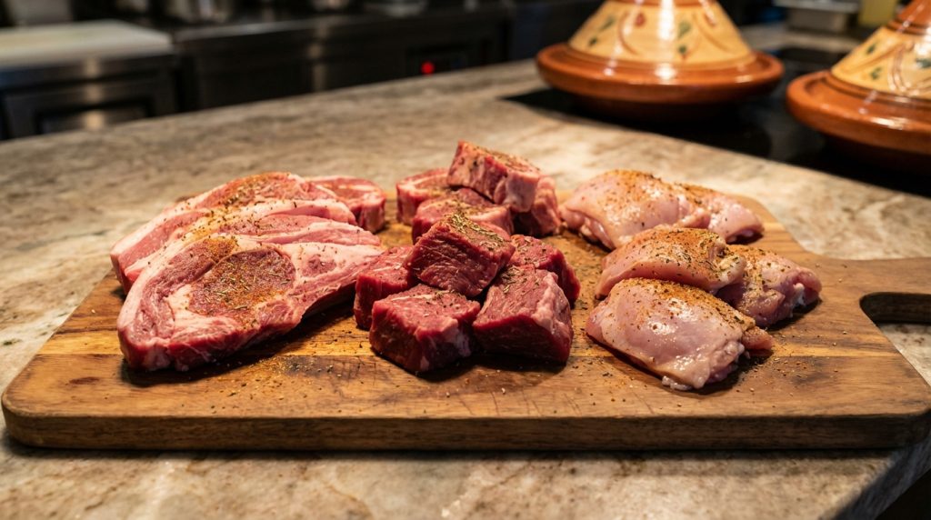 Assortiment de viandes crues assaisonnées (agneau, bœuf, poulet) sur une planche à découper en bois, prêtes pour un couscous.
