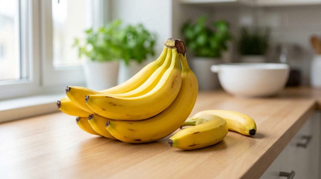 Un régime de bananes mûres et deux bananes individuelles posées sur un comptoir de cuisine en bois clair, avec une fenêtre et des plantes en arrière-plan.