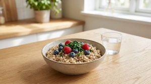 Bol de céréales avec framboises, myrtilles et feuilles vertes sur une table en bois, à côté d'un verre d'eau. Contexte de cuisine lumineuse.