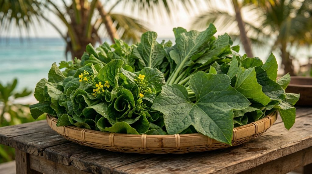 Panier de brèdes vertes fraîches, certaines avec des fleurs jaunes, sur une table en bois. En arrière-plan, mer turquoise et palmiers.
