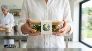 Personne tient boîte en verre avec logo vert, herbes, pomme, amandes. Autre personne en tenue de travail en arrière-plan d'une cuisine.