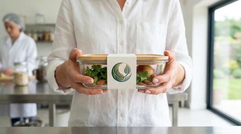 Personne tient boîte en verre avec logo vert, herbes, pomme, amandes. Autre personne en tenue de travail en arrière-plan d'une cuisine.