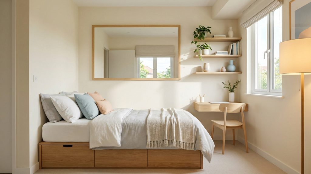 Chambre moderne et lumineuse avec lit à tiroirs, miroir mural, bureau flottant, étagères et fenêtre. Couleurs claires, design épuré.