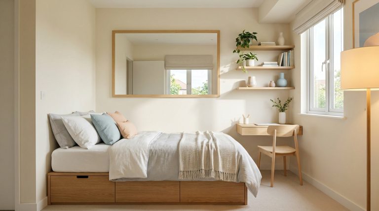 Chambre moderne et lumineuse avec lit à tiroirs, miroir mural, bureau flottant, étagères et fenêtre. Couleurs claires, design épuré.