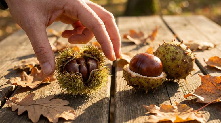 Main près de châtaignes et marrons d'Inde sur une table en bois parsemée de feuilles d'automne, montrant leurs différences.
