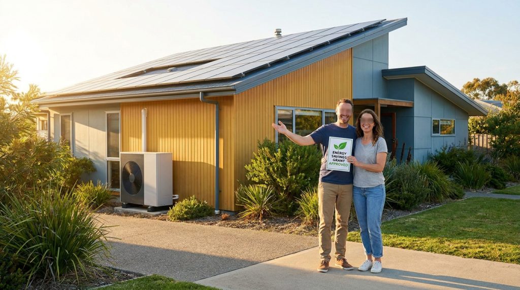 Couple devant maison éco-rénovée (panneaux solaires, pompe à chaleur) tenant pancarte "Subvention économie énergie approuvée".