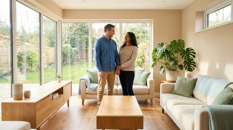 Un couple souriant se tenant la main dans un salon moderne et lumineux avec grandes baies vitrées donnant sur un jardin.